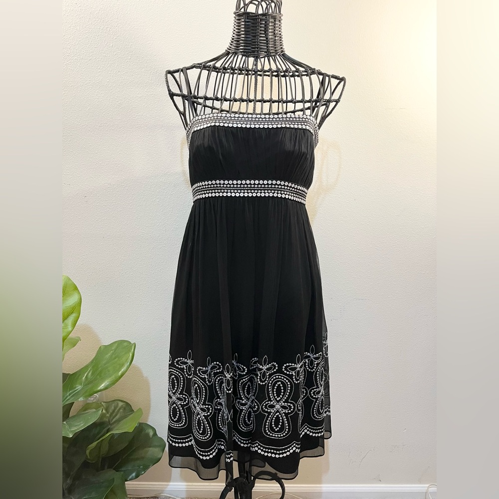 Vintage Maggy London Strapless Black Silk Silver Sequin Dress